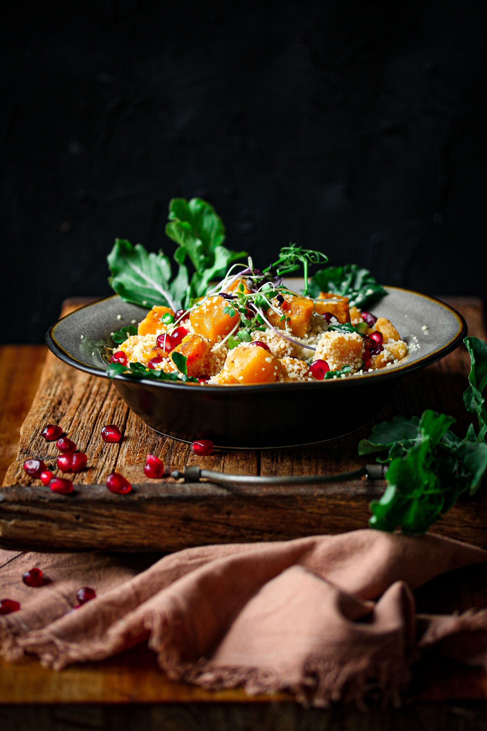 Roasted Pumpkin and Couscous Salad with pomegranate and rocket